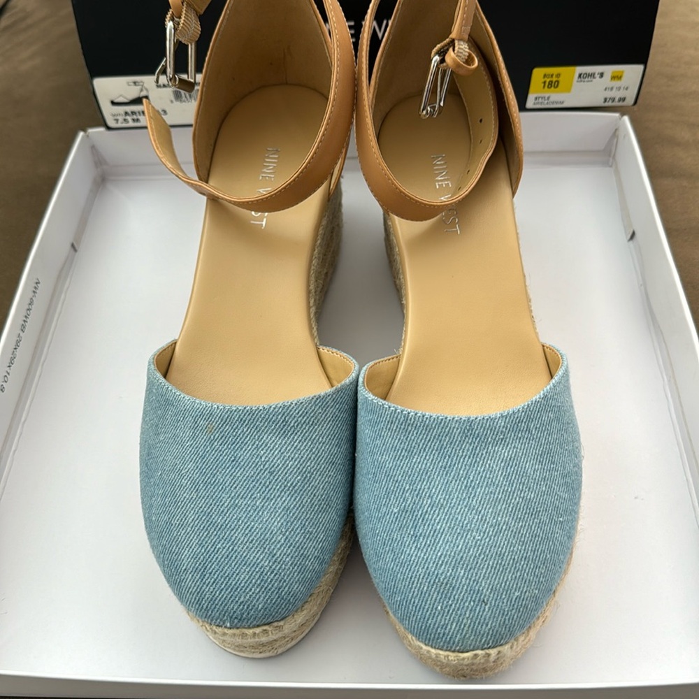 Nine West Ariela Espadrille Buckle Denim Blue Faux Leather Wedge Sandals Sz 7.5